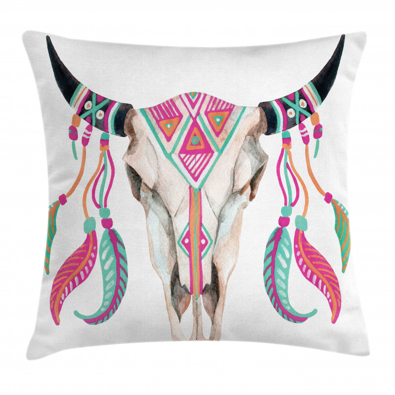 Bull Skull and Feathers Pillow Cover