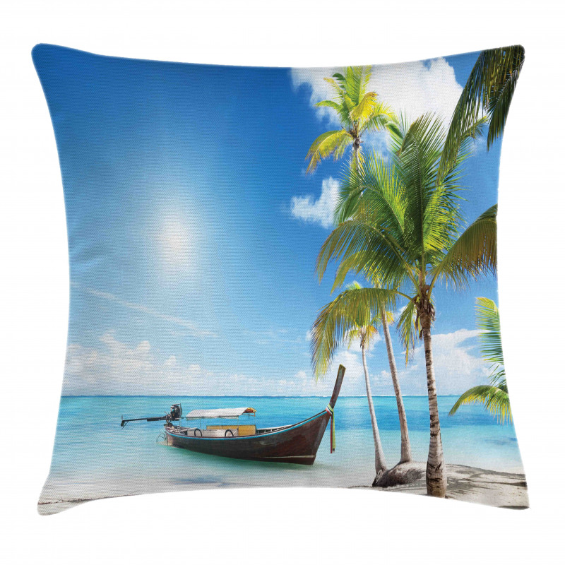 Wooden Boat on Exotic Beach Pillow Cover