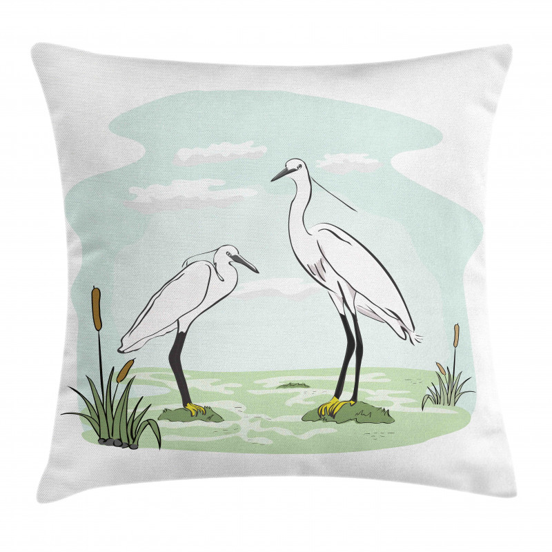 2 Herons in Marsh Cartoon Pillow Cover