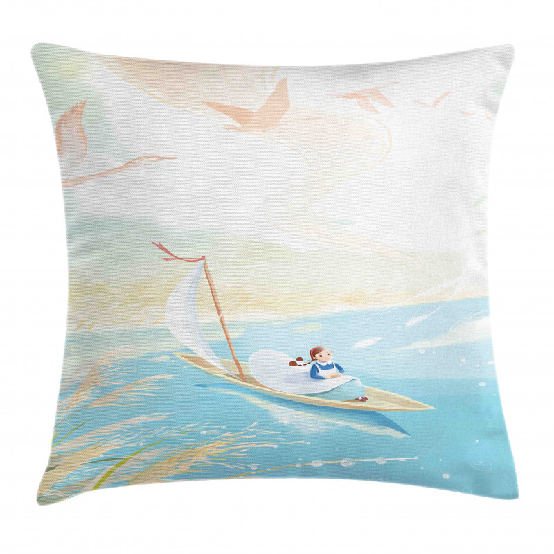 Girl in Boat on Lake Birds Pillow Cover