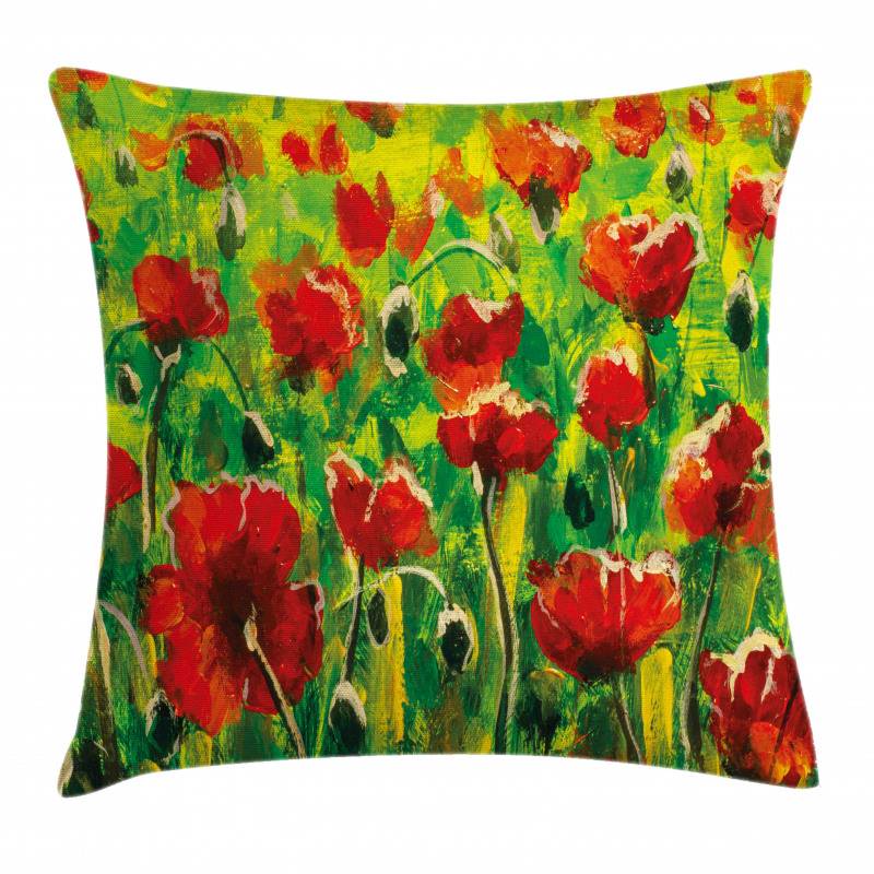 Poppies on Green Grass Pillow Cover