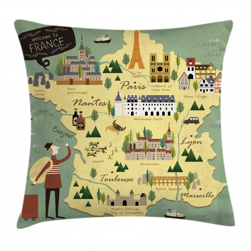 Travel Landmarks Map Doodle Pillow Cover