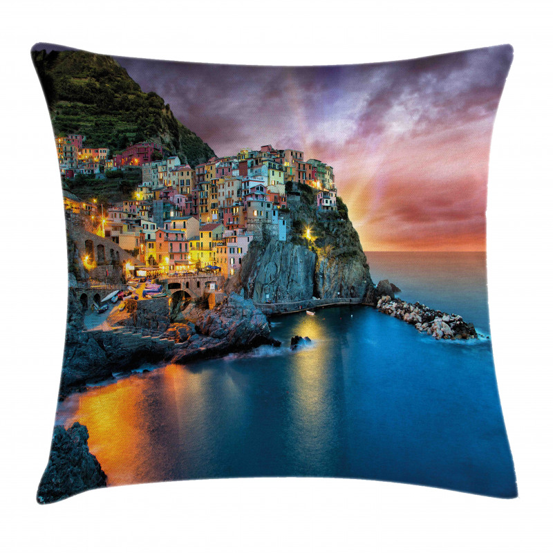 Night View Coast Village Pillow Cover