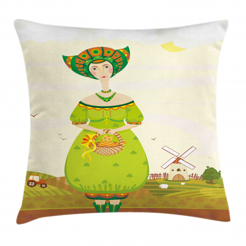 Girl and Kitten in Farm Pillow Cover