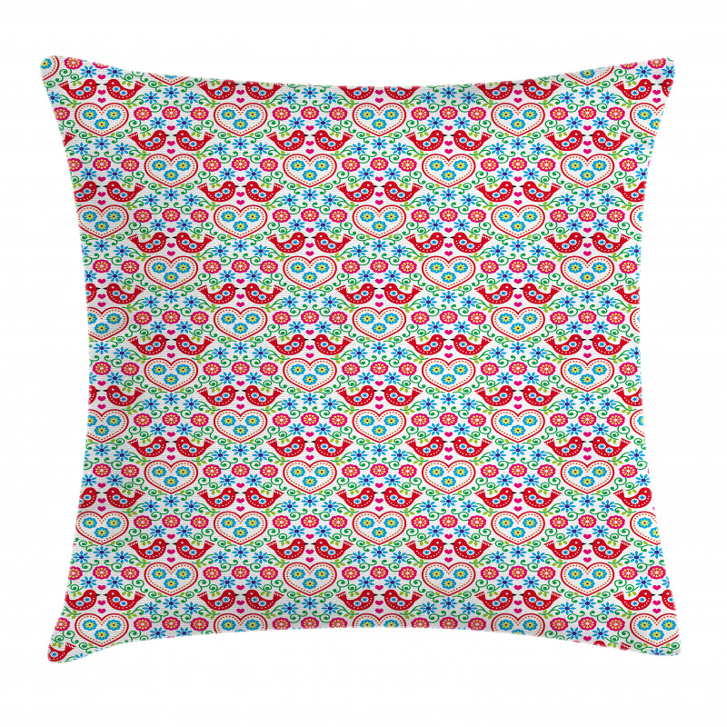 Flowers Birds and Hearts Pillow Cover