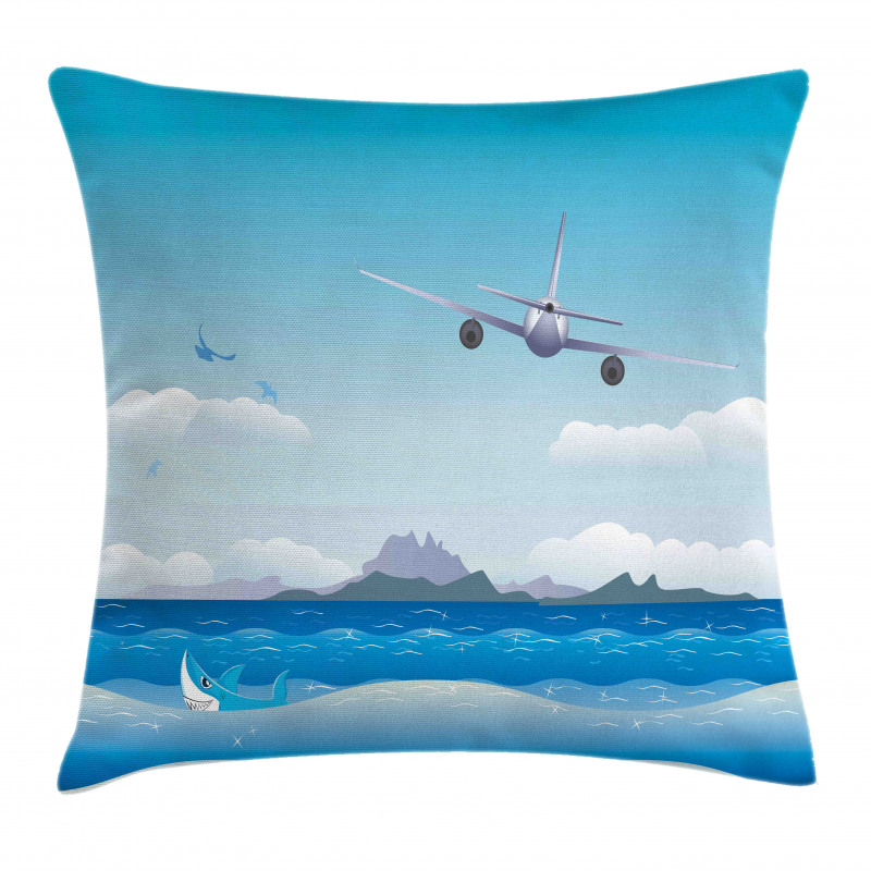 Plane Fly on Sea and Shark Pillow Cover