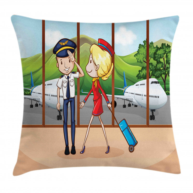 Pilot and Hostess Cartoon Pillow Cover