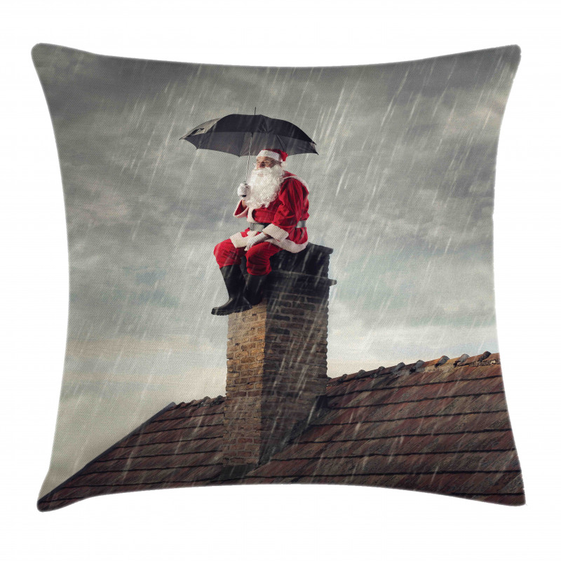 Santa on Chimney in Rain Pillow Cover