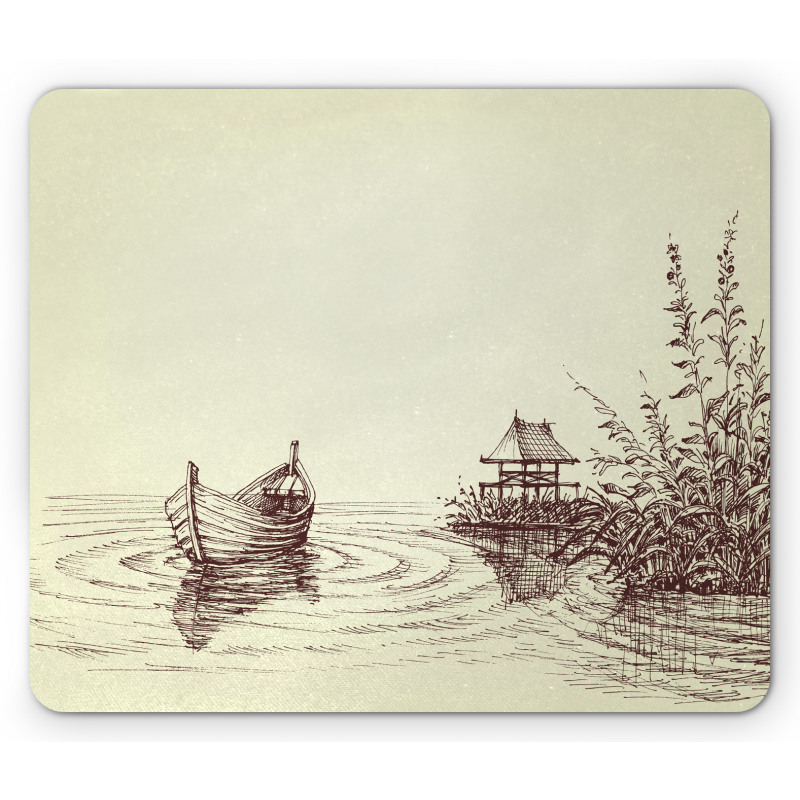 Pencil Drawn Lake and Boat Mouse Pad