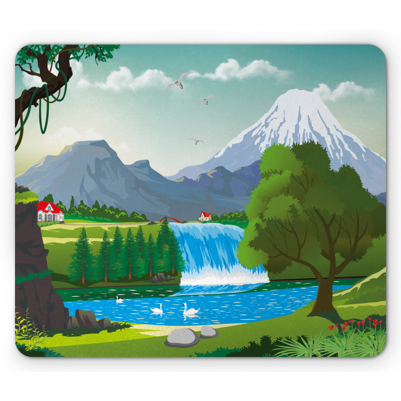 Cartoon Style Lake Waterfall Mouse Pad