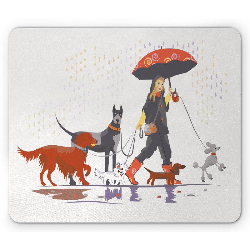 Girl with Dogs in Rain Mouse Pad