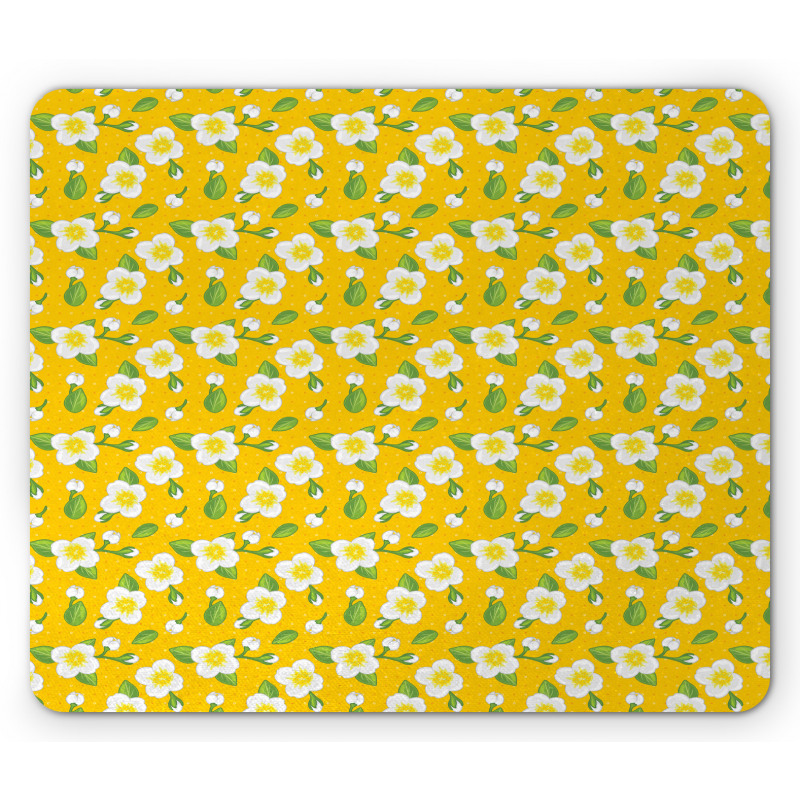 Flowers Buds Leaves on Dots Mouse Pad