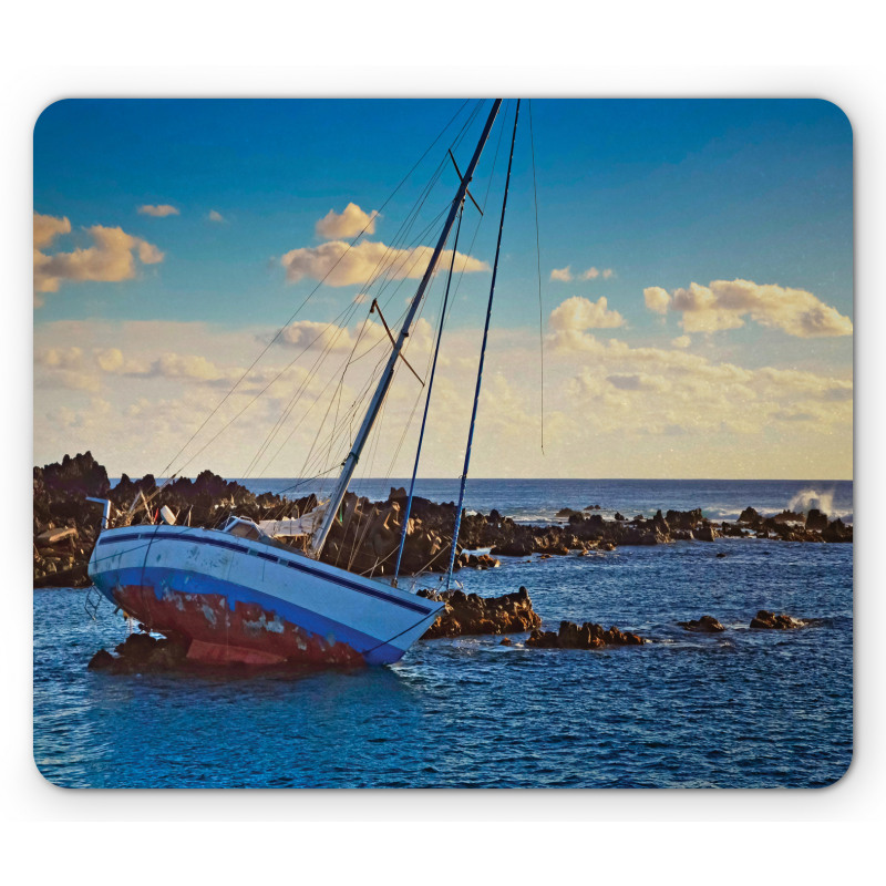 Yacht on Rocks Harbor Mouse Pad