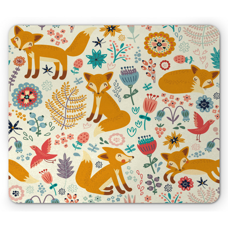 Foxes Ornate Flowers Birds Mouse Pad