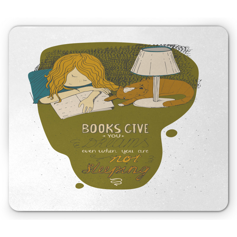 Girl and Cat Sleep on Book Mouse Pad