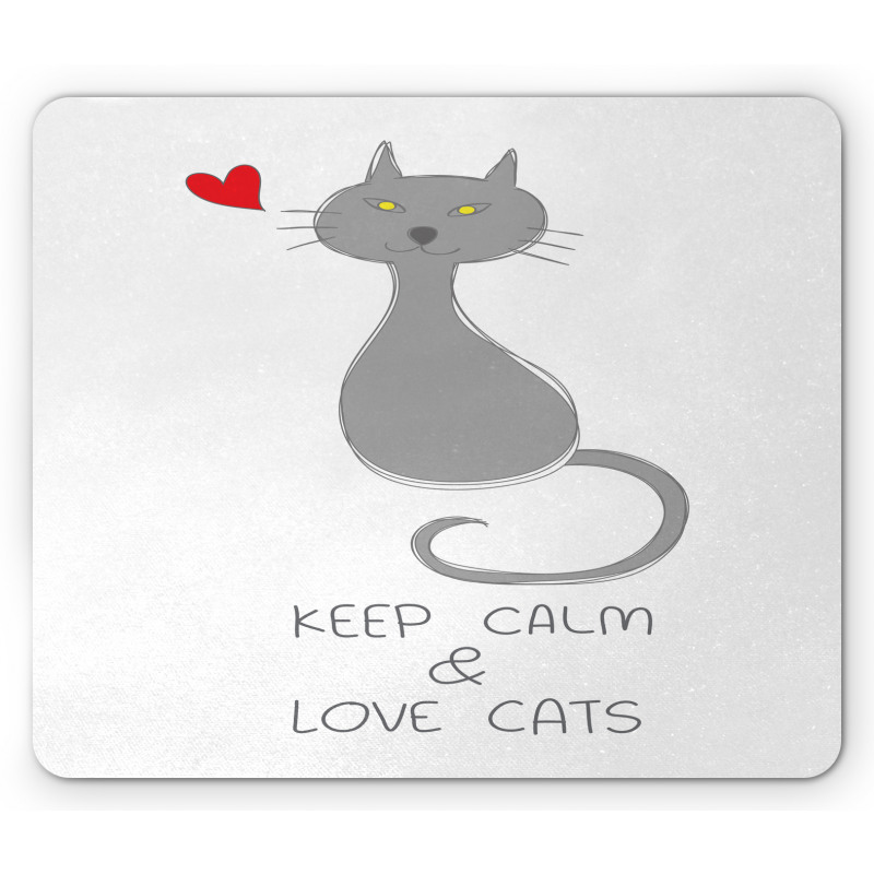 Grey Cat Red Heart Mouse Pad