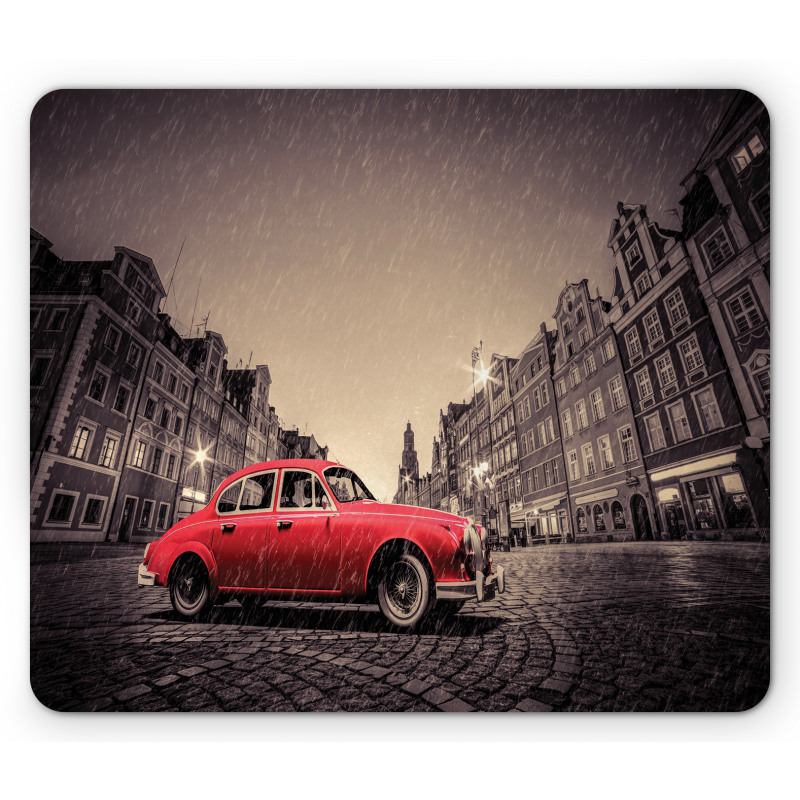 Retro Car on Cobblestone Road Mouse Pad