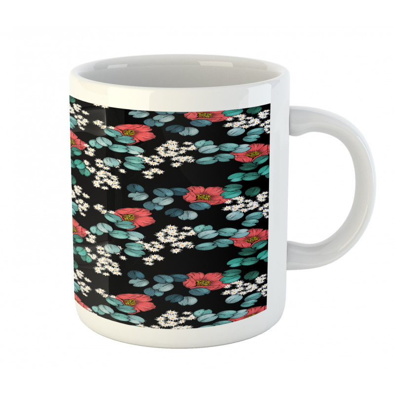 Peony Daisy and Leaves Art Mug