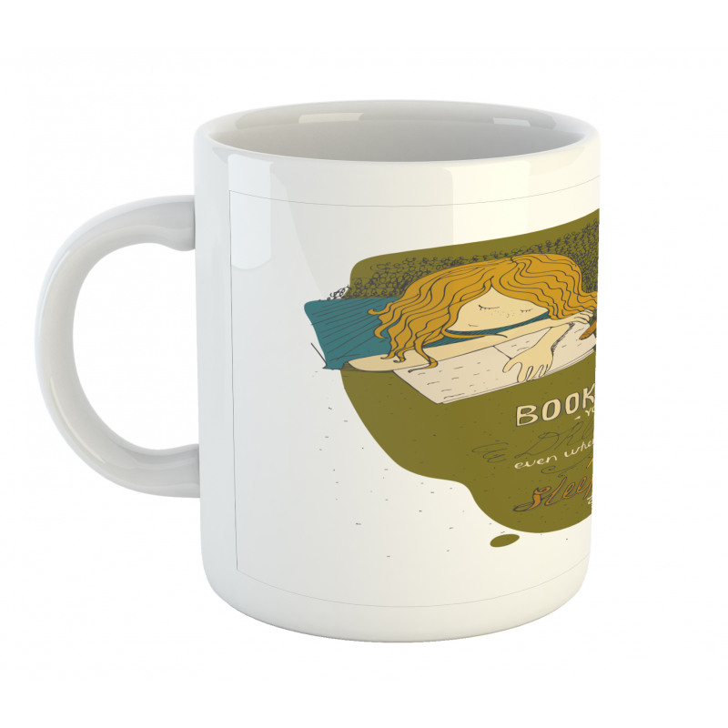 Girl and Cat Sleep on Book Mug