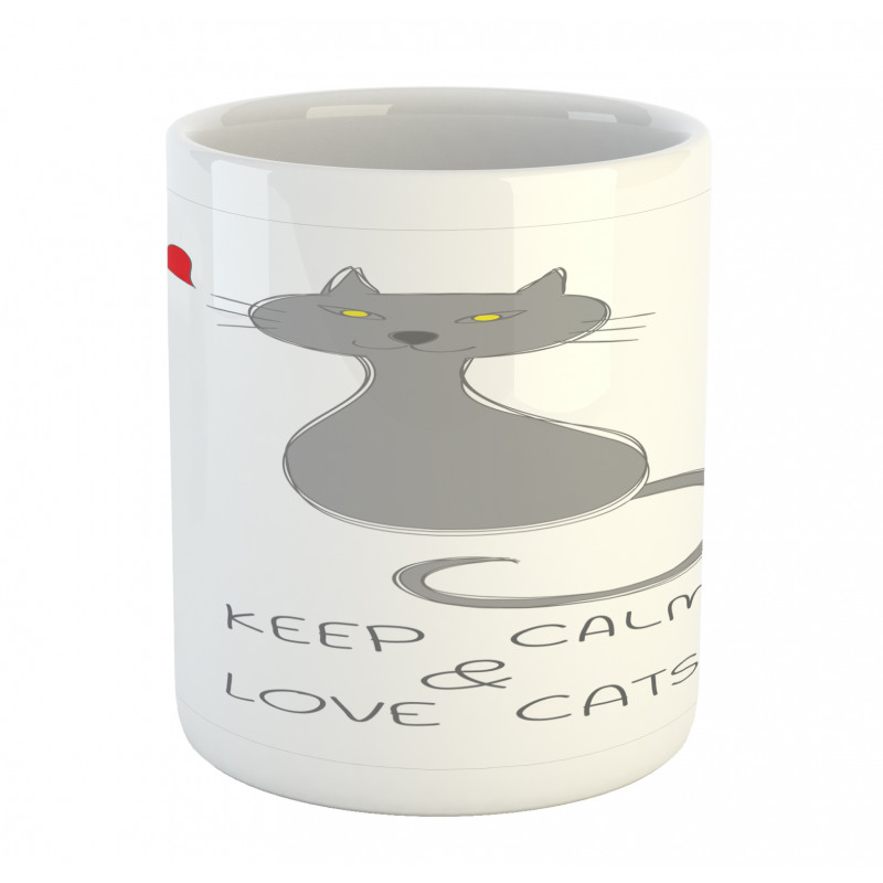 Grey Cat Red Heart Mug