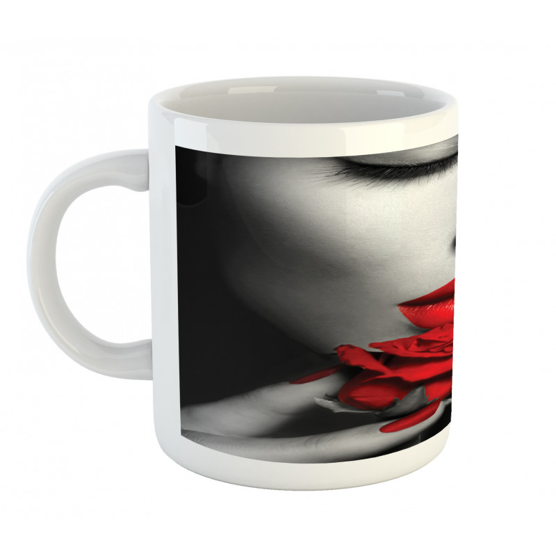 A Young Lady Holding Red Rose Mug