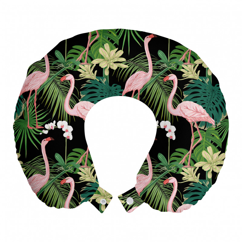 Flamingo Boyun Yastığı Tropik Yapraklar ve Egzotik Pembe Kuş