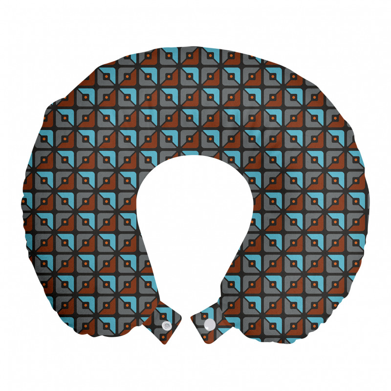 Geometrik Boyun Yastığı Kahverengi Mavi Gri Kareler Desenli Şık
