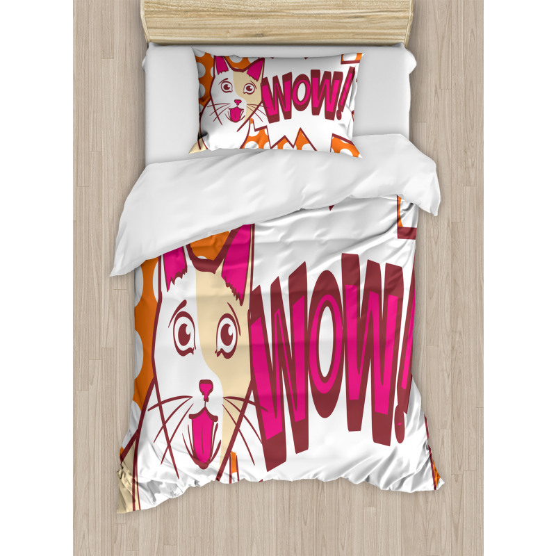 Comic Cat with Wow Lettering Duvet Cover Set