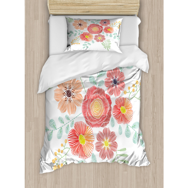 Pastel Folkloric Flowers Duvet Cover Set