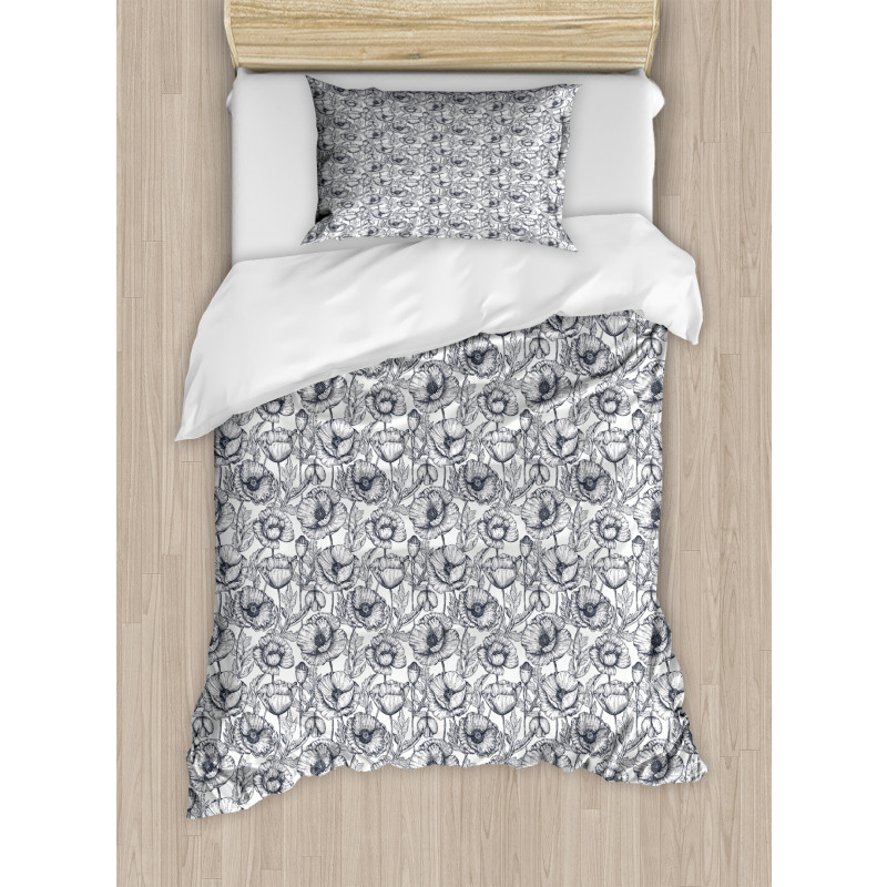 Monochrome Poppy Sketch Art Duvet Cover Set