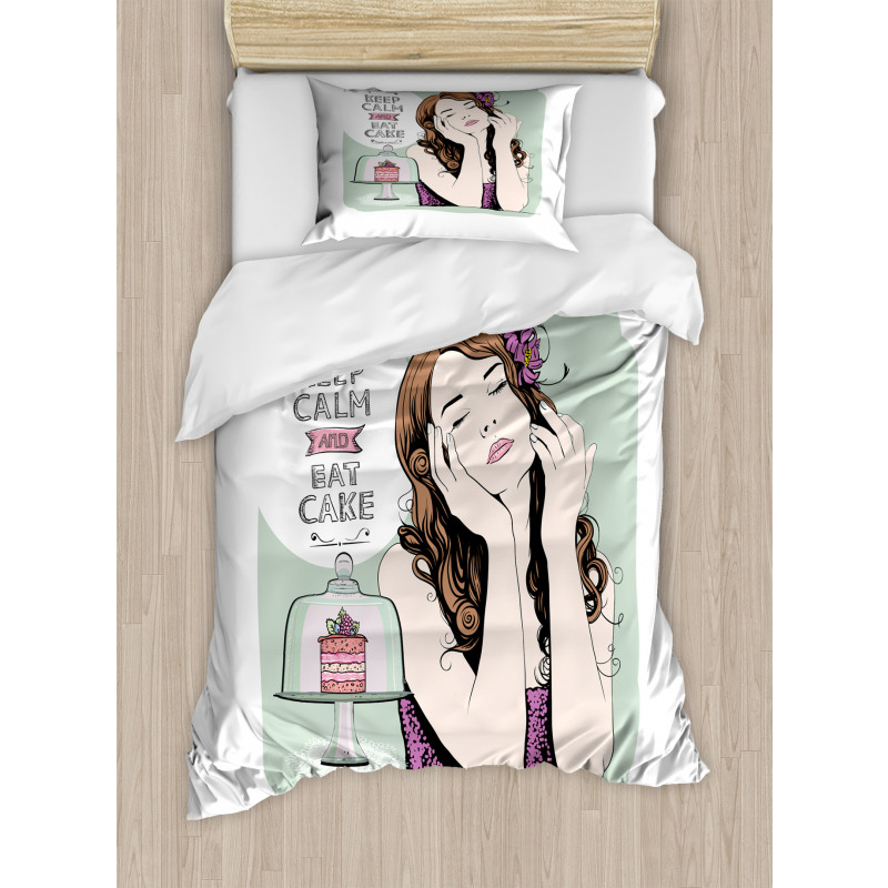 Eat Cake Text and Woman Duvet Cover Set