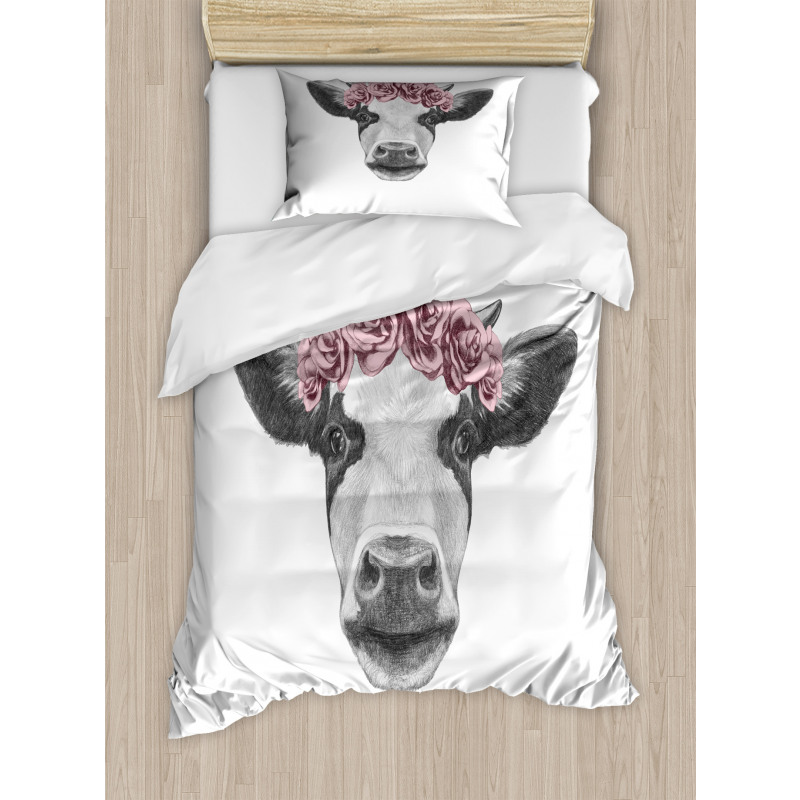 Cow with Roses Wreath Duvet Cover Set