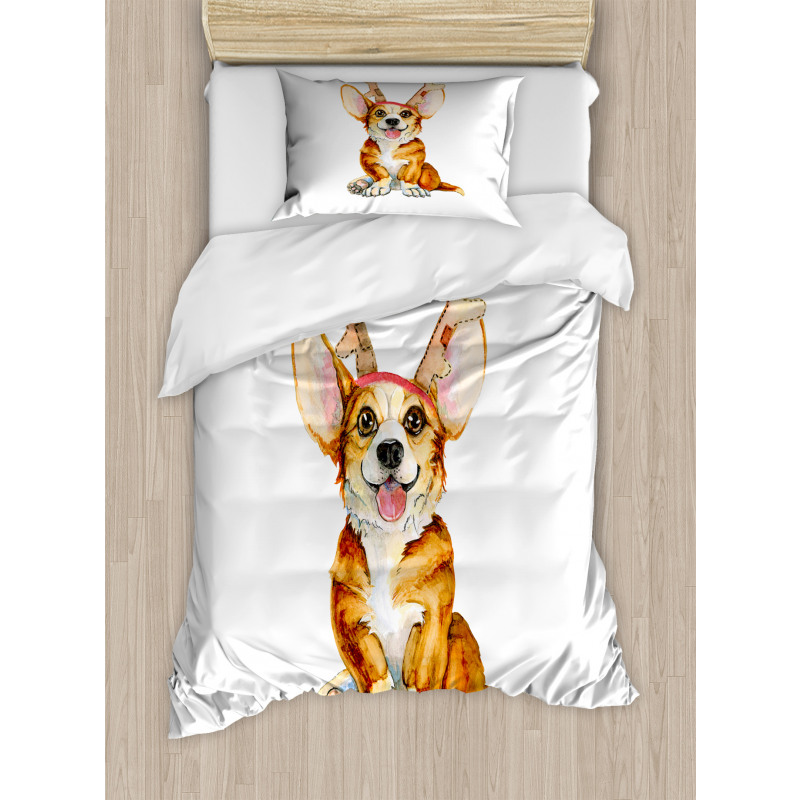 Corgi Dog with Deer Antlers Duvet Cover Set