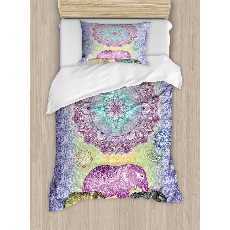 Eastern Elephants Flowers Duvet Cover Set