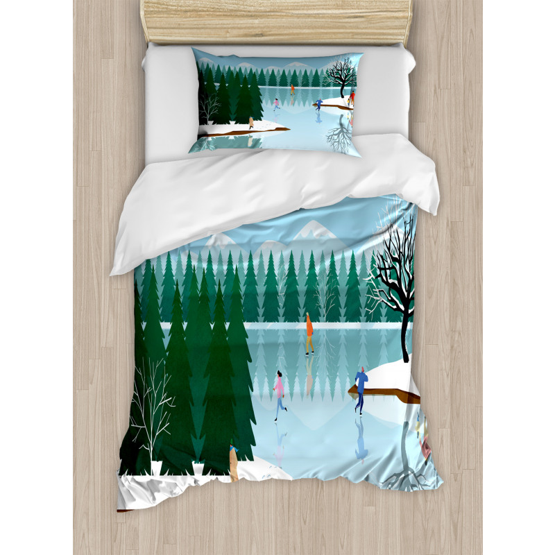 Ice Skating Frozen Lake Art Duvet Cover Set