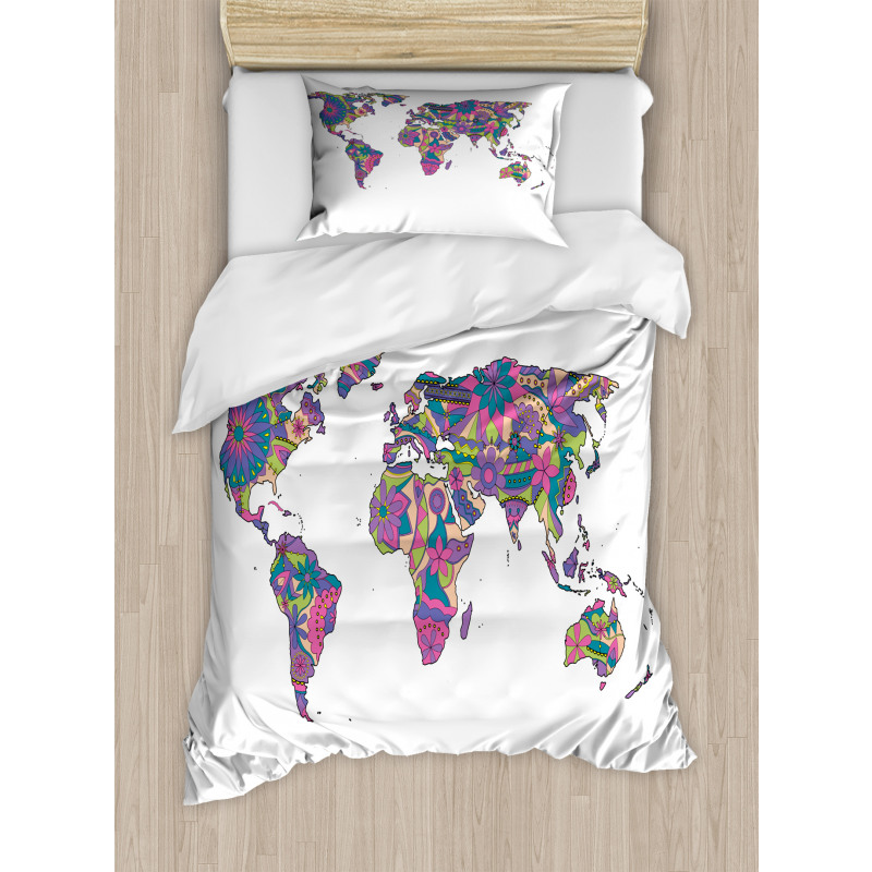 World Map with Flowers Duvet Cover Set