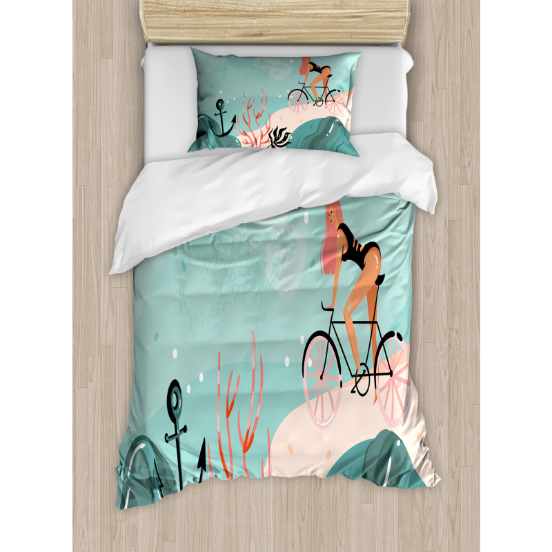 Woman Cycling in Sea Duvet Cover Set