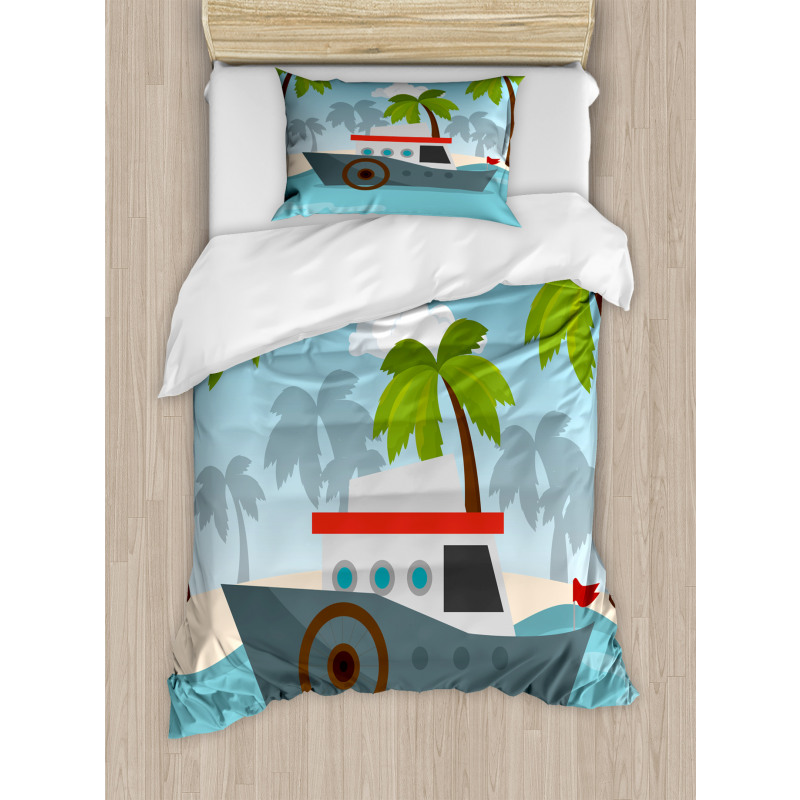 Cartoon Boat Palms Duvet Cover Set