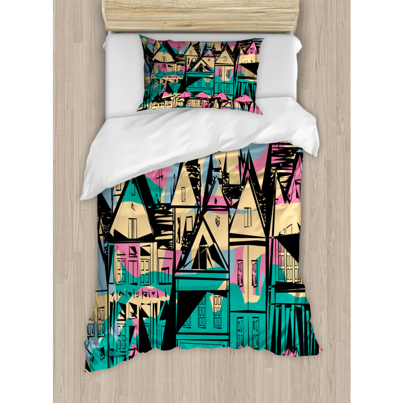 Hand Drawn Streets Houses Duvet Cover Set