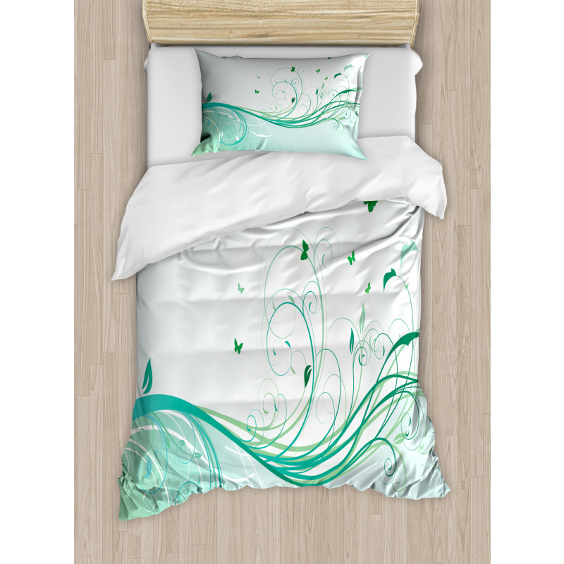 Curvy Lines Wave Flowers Duvet Cover Set