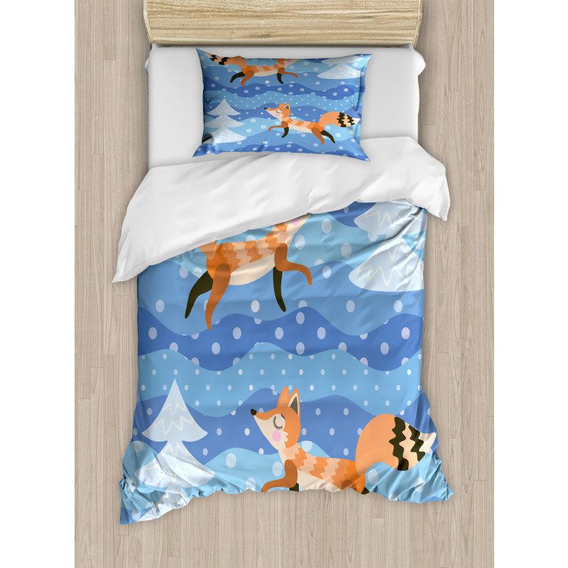 Winter Snowing Tree and Animal Duvet Cover Set