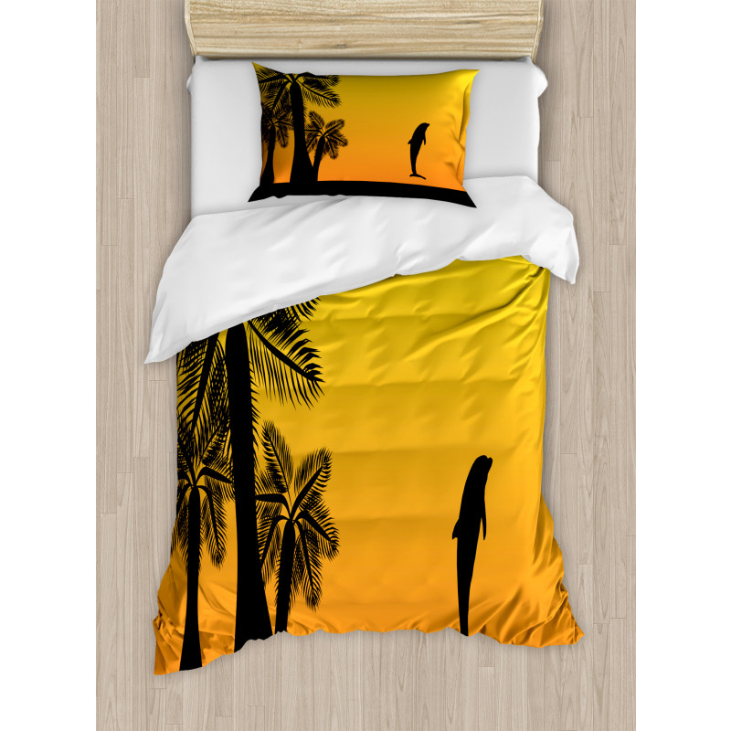 Ombre Sunset Palms Dolphin Duvet Cover Set