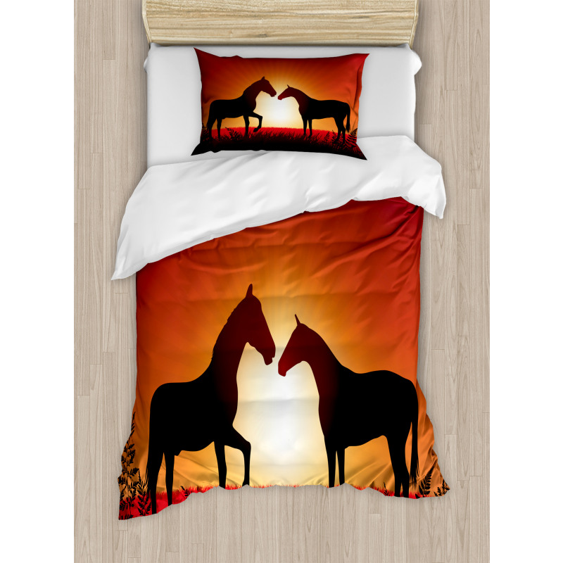 Horses Silhouette on Sunset Duvet Cover Set