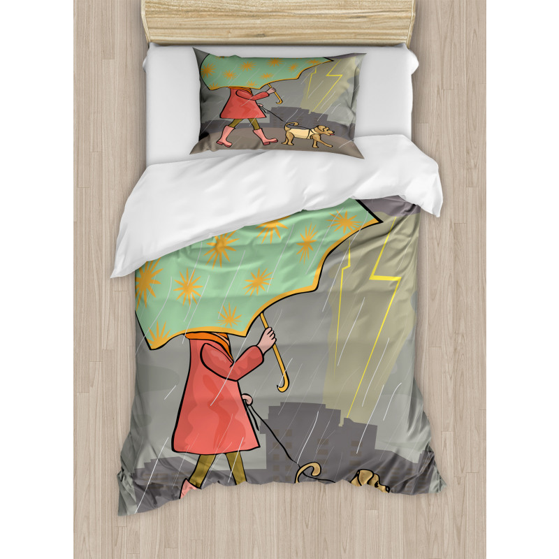 Lady Walking with Dog Duvet Cover Set