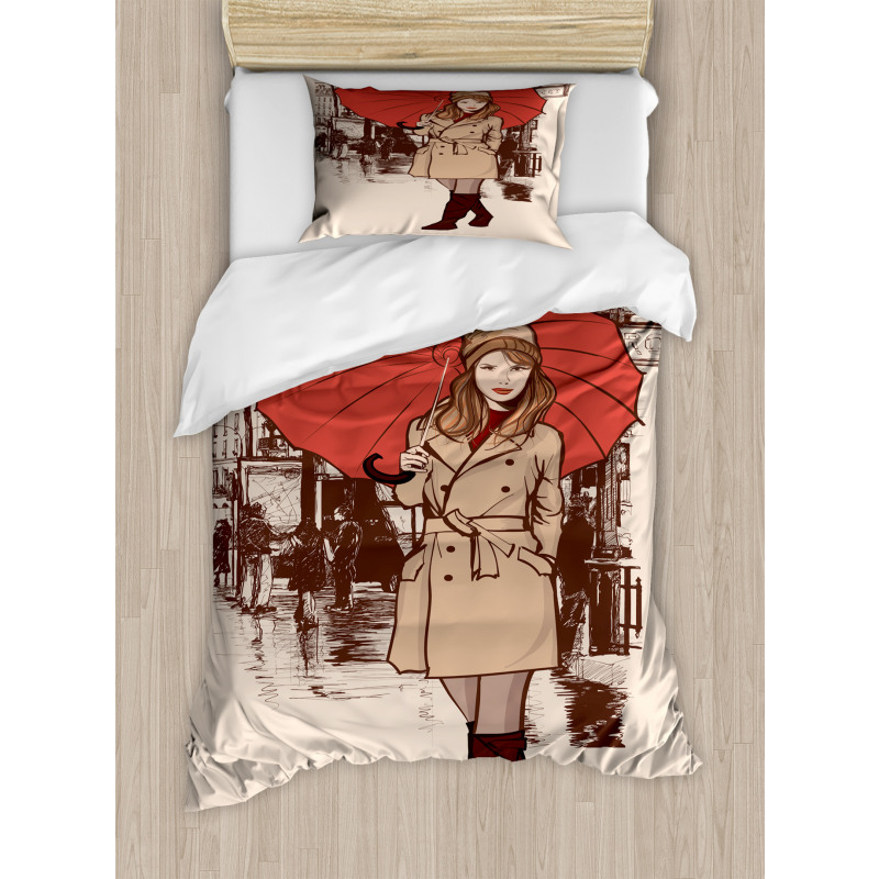 Lady Walking in Paris Duvet Cover Set