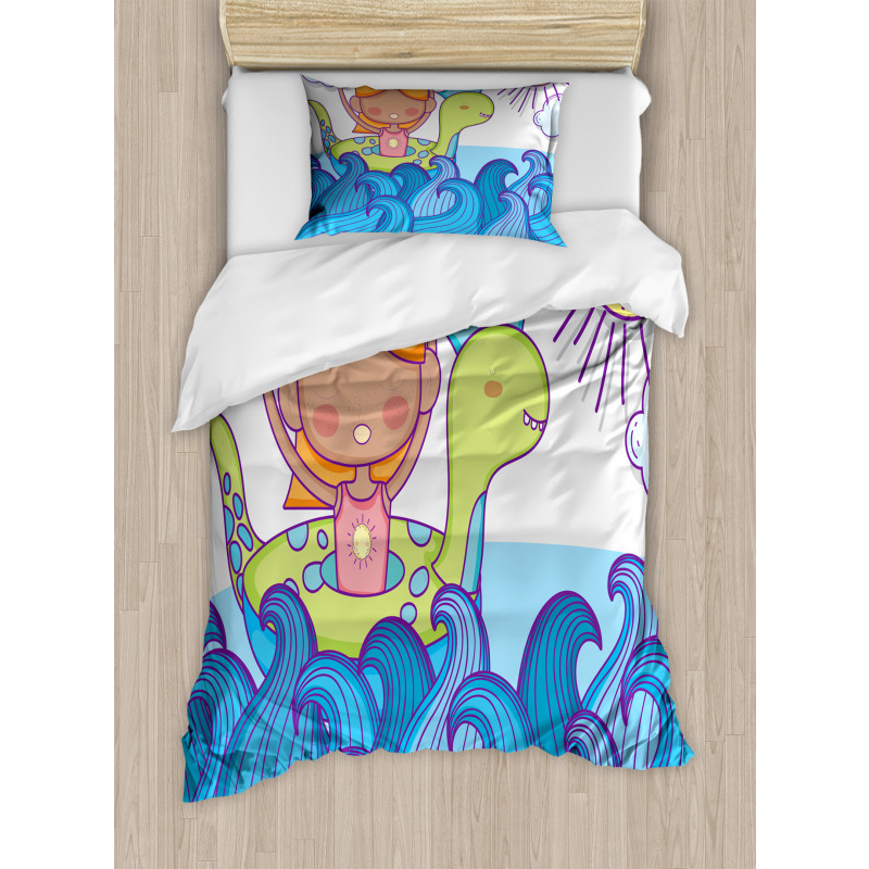 Swimming Wheel Girl Waves Sun Duvet Cover Set