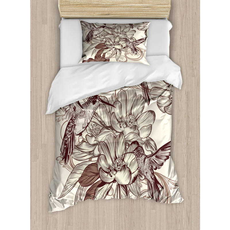 Bird Flowers Pattern Duvet Cover Set