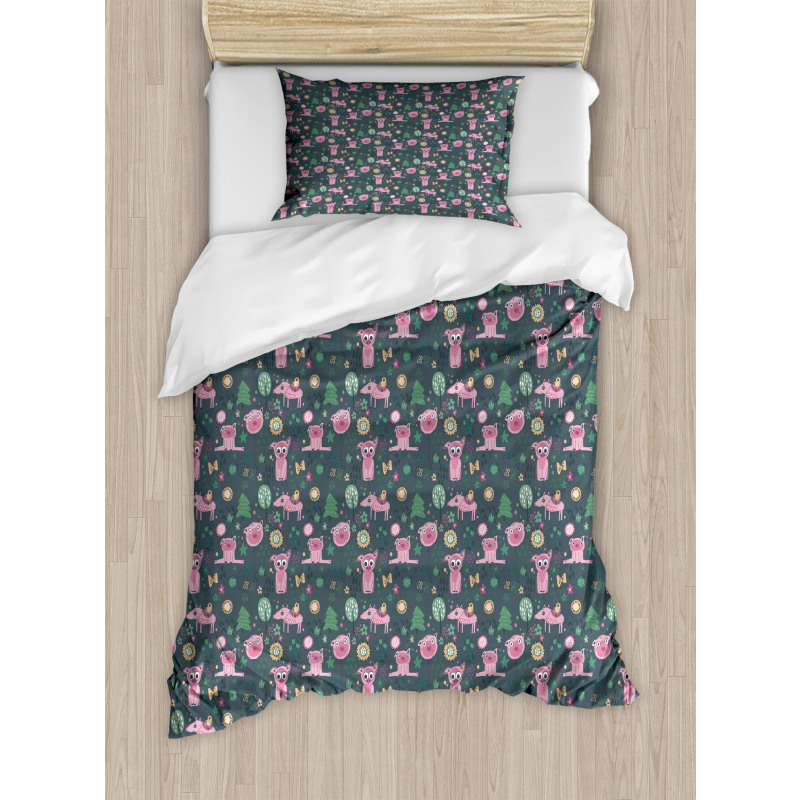 Piglets Flowers Birds Trees Duvet Cover Set