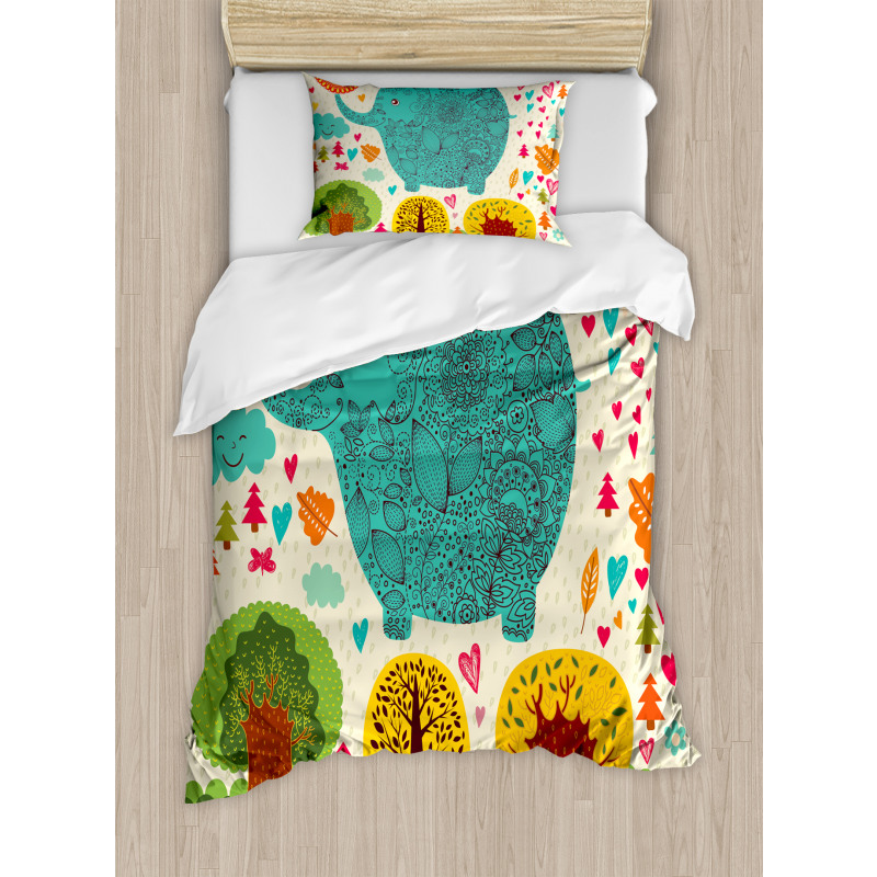 Elephant Trees Leaves Duvet Cover Set