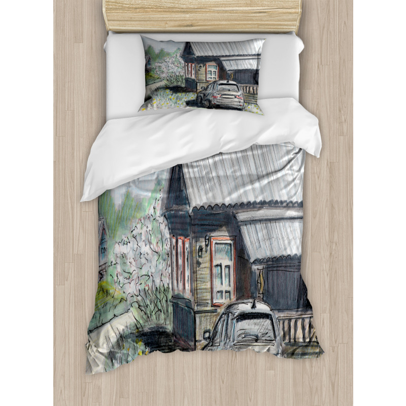 Parked Car Village House Duvet Cover Set